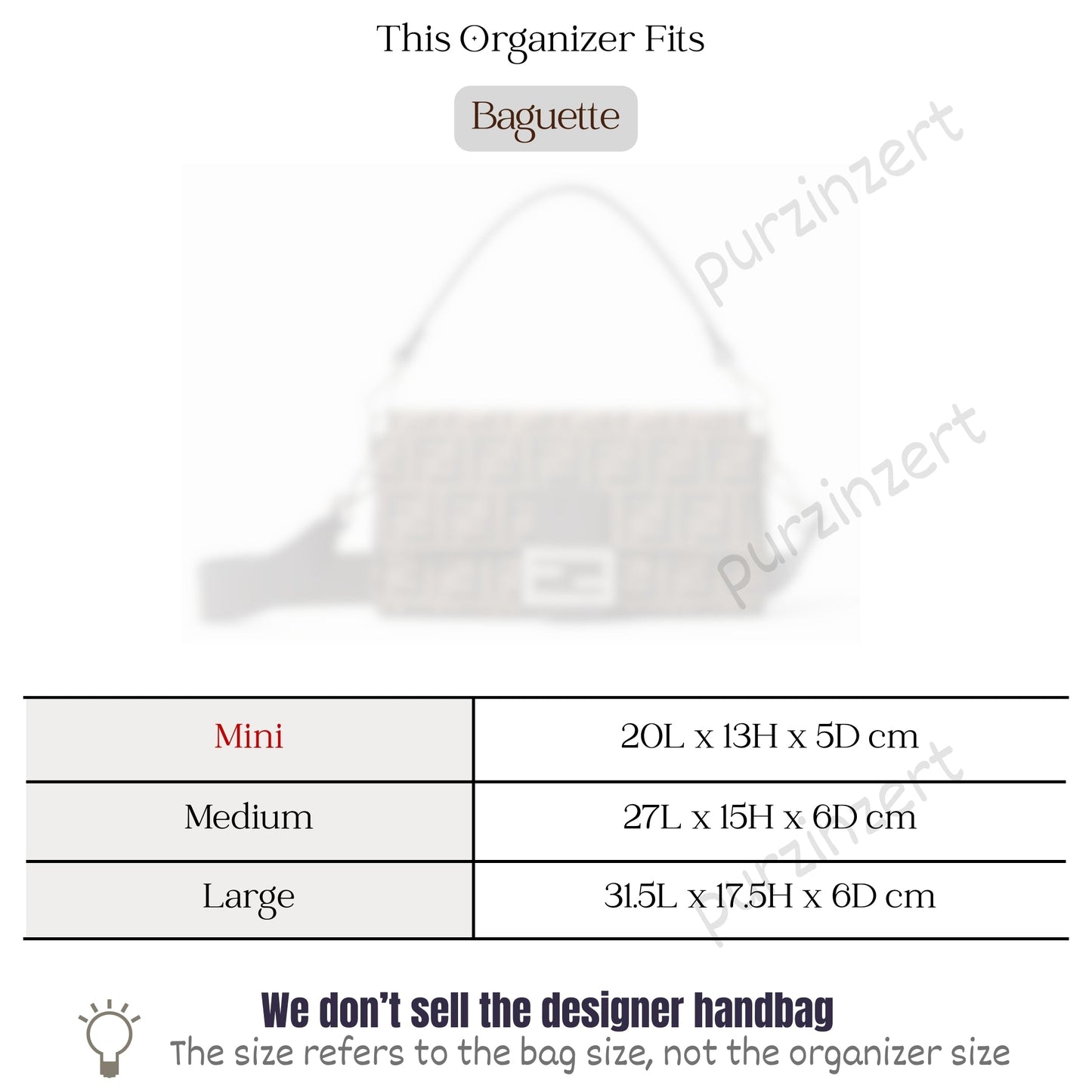Bag Insert for (Fendi, Baguette Mini) Organizer of Felt Fabric