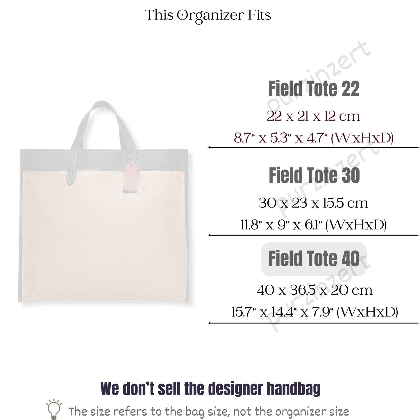 Bag Insert for (Coach, Field Tote 40) Organizer of Felt Fabric