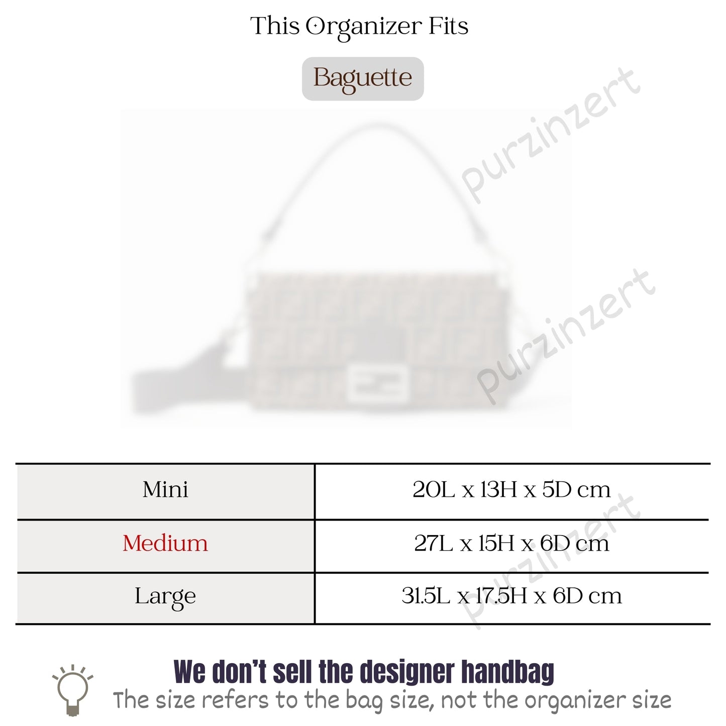 Bag Insert for (Fendi, Baguette Medium 27cm) Organizer of Silk Fabric