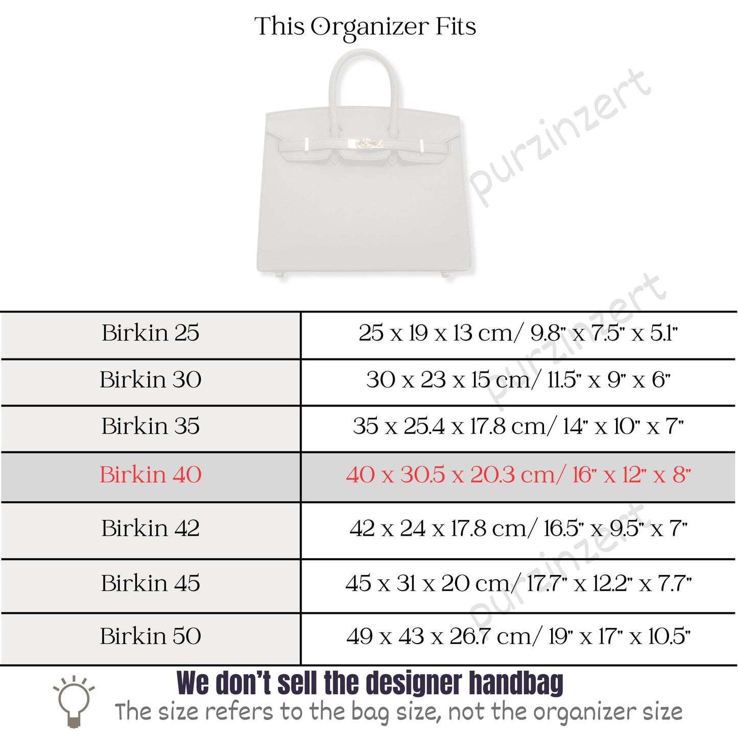 Bag Insert for (Hermes, Birkin 40) Organizer of Felt Fabric