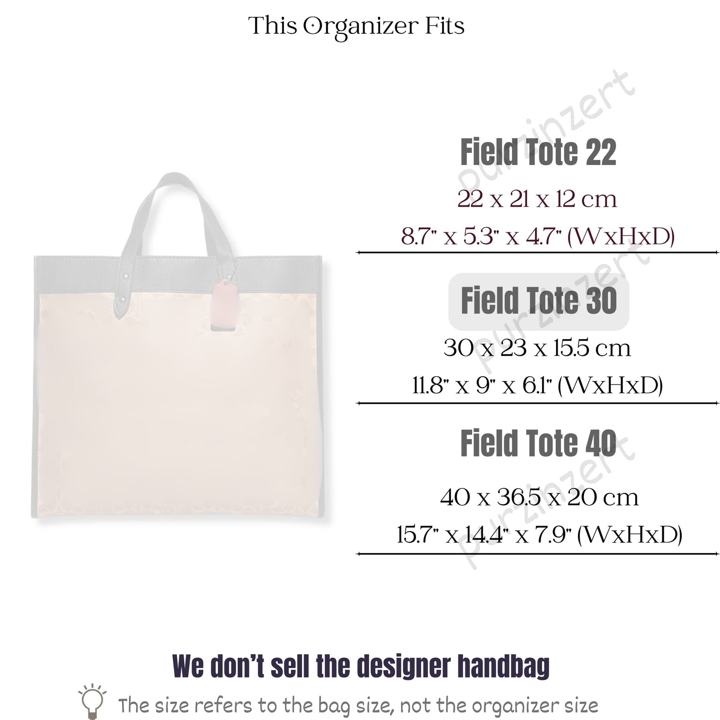 Bag Insert for (Coach, Field Tote 30) Organizer of Felt Fabric
