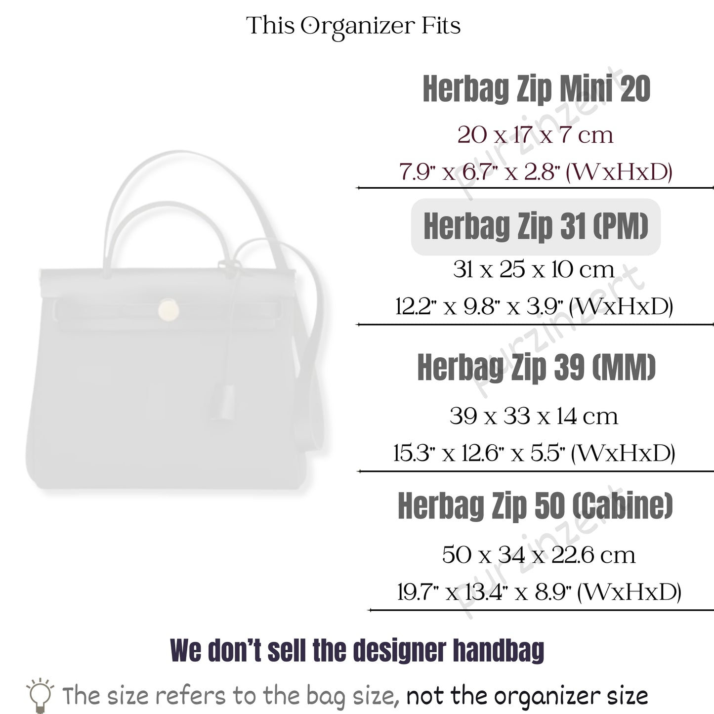 Bag Insert for (Hermes, Herbag Zip 31) Organizer of Silk Fabric