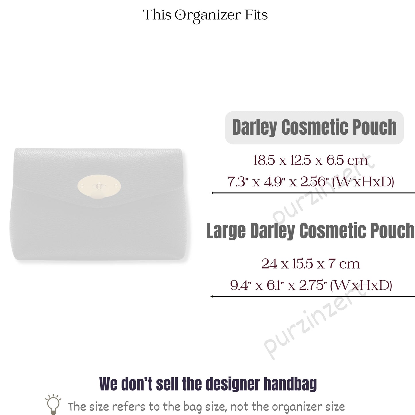 Bag Insert for (Mulberry, Darley Cosmetic Pouch) Organizer of Silk Fabric
