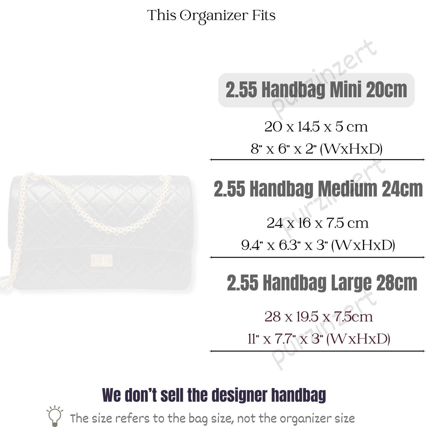 Bag Insert for (Chanel, 2.55 Handbag Mini 20cm) Organizer of Silk Fabric