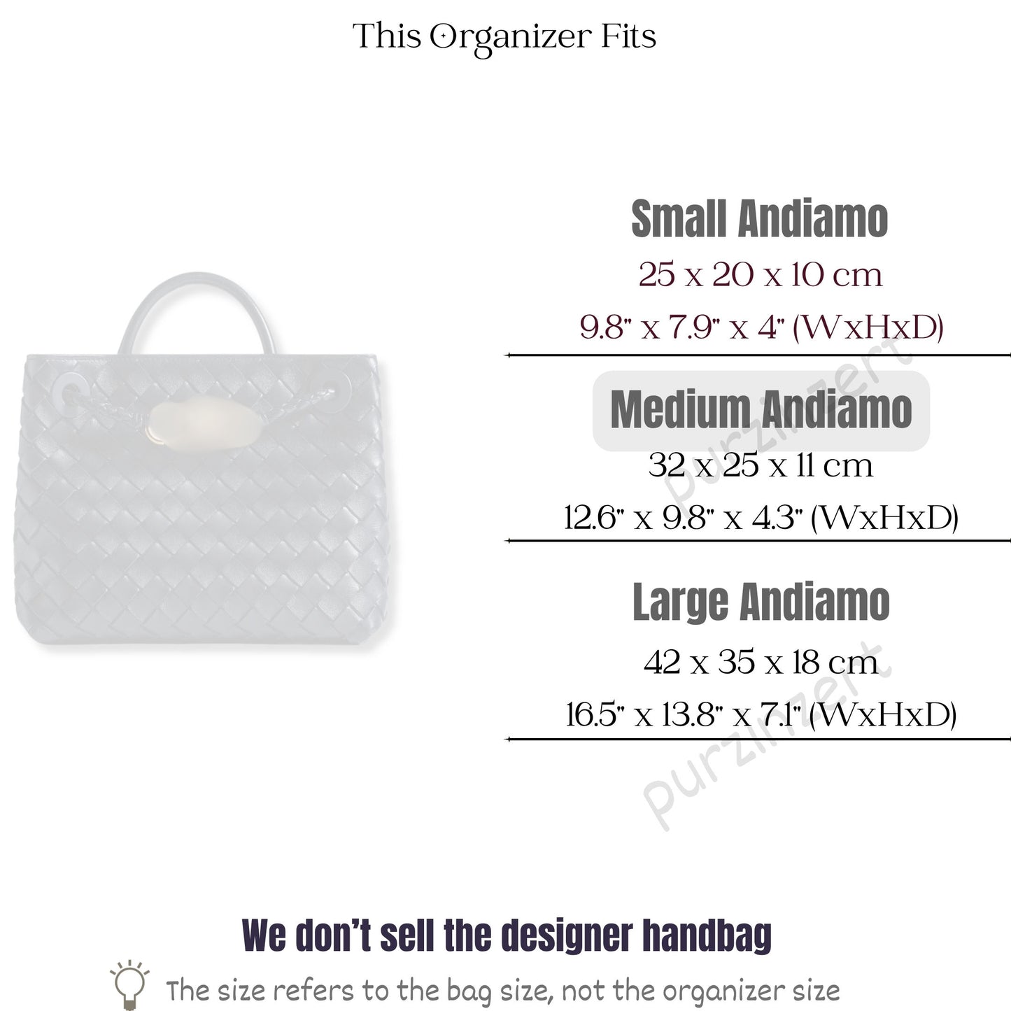 Bag Insert for (Bottega Veneta, Medium Andiamo) Organizer of Silk Fabric