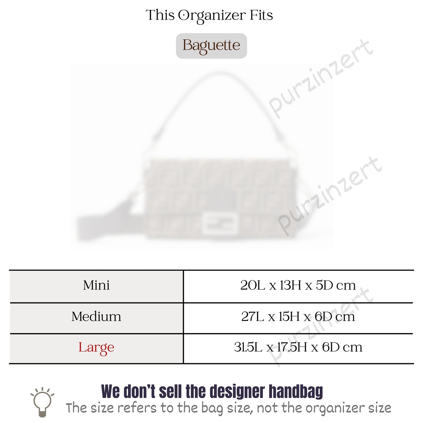 Bag Insert for (Fendi, Baguette Large) Organizer of Silk Fabric