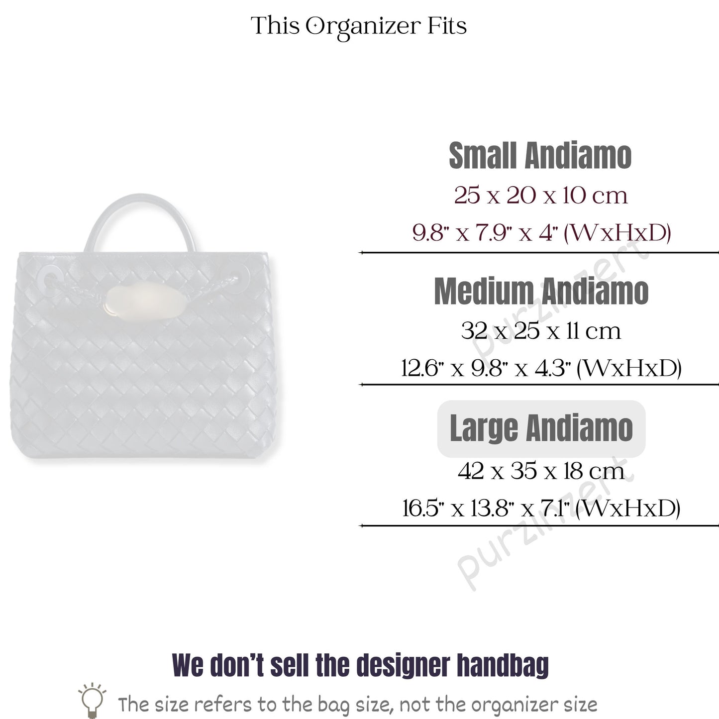Bag Insert for (Bottega Veneta, Large Andiamo) Organizer of Silk Fabric