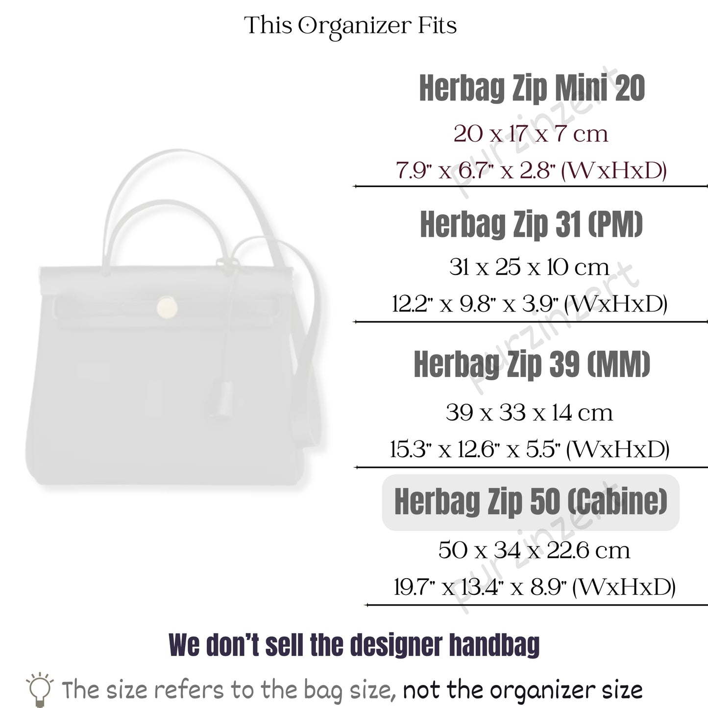 Bag Insert for (Hermes, Herbag Zip Cabine 50) Organizer of Silk Fabric