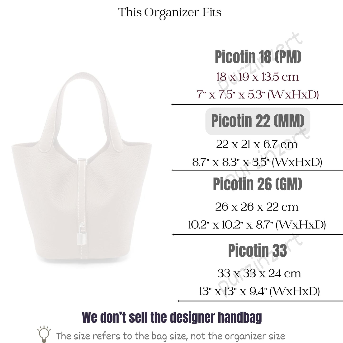 Bag Insert for (Hermes, Picotin 22 (MM)) Organizer of DupontPaper with Silk Interior