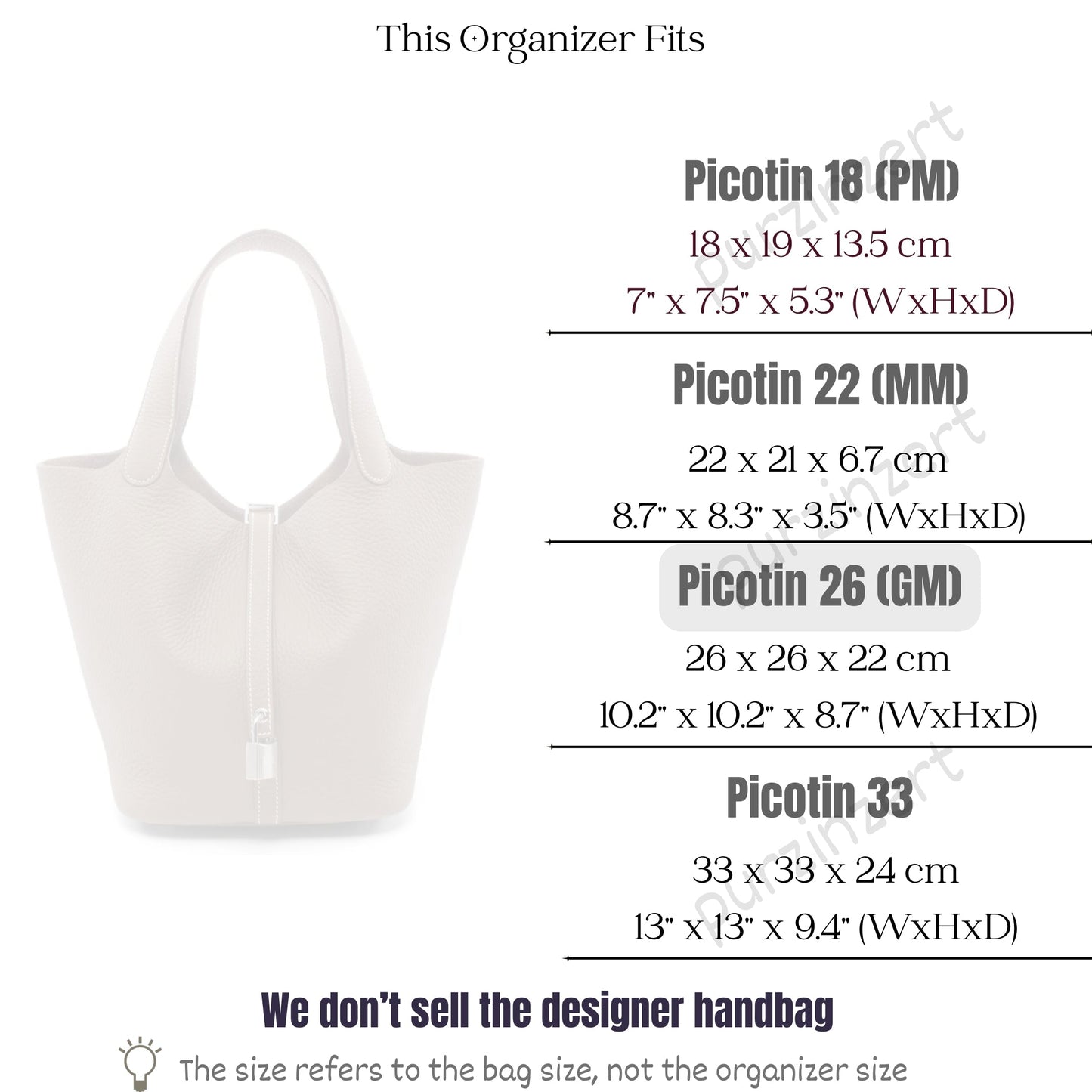 Bag Insert for (Hermes, Picotin 26 (GM)) Organizer of Silk Fabric