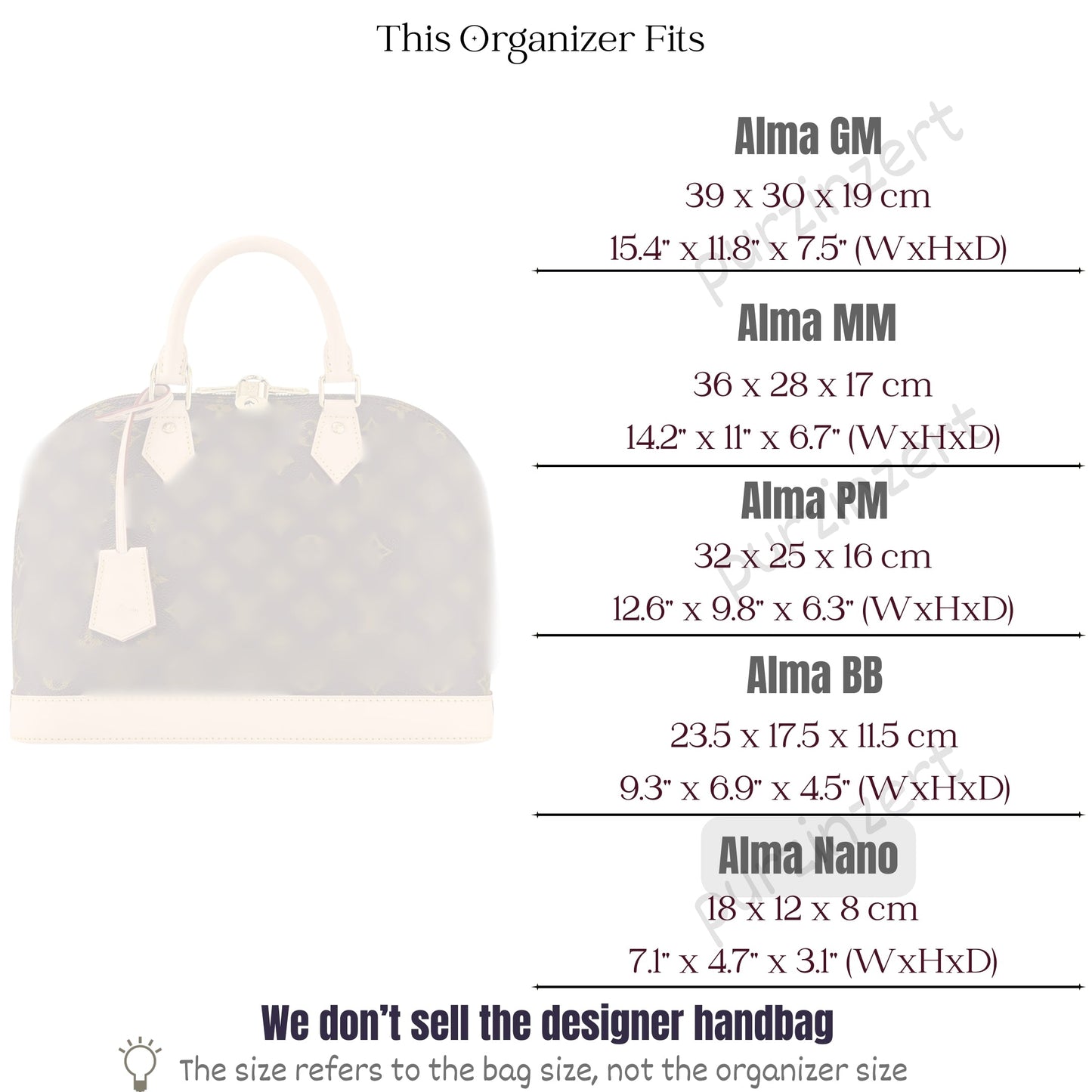 Bag Insert for (LV, Alma Nano) Organizer of Silk Fabric