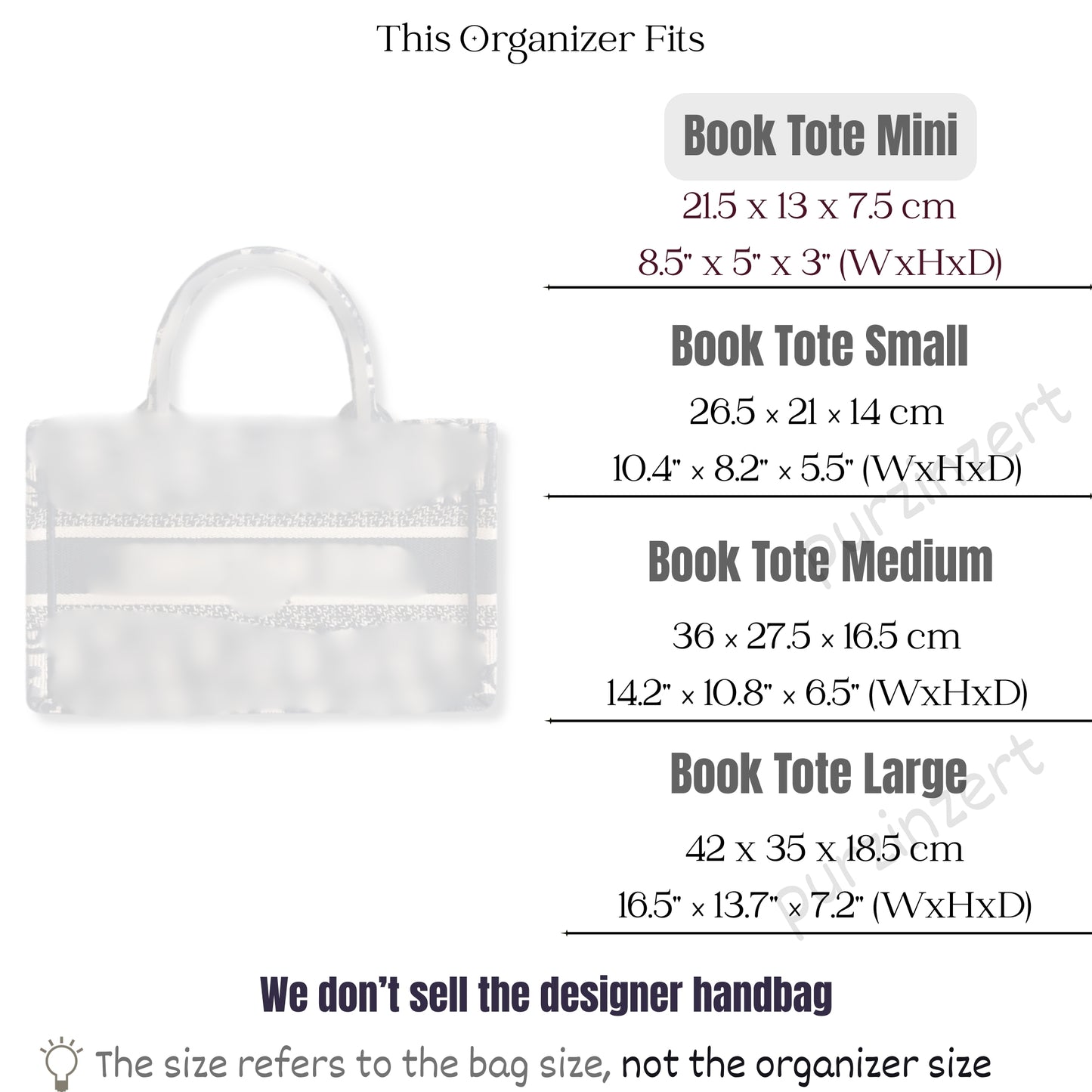 Bag Insert for (Dior, Book Tote Mini) Organizer of Felt Fabric