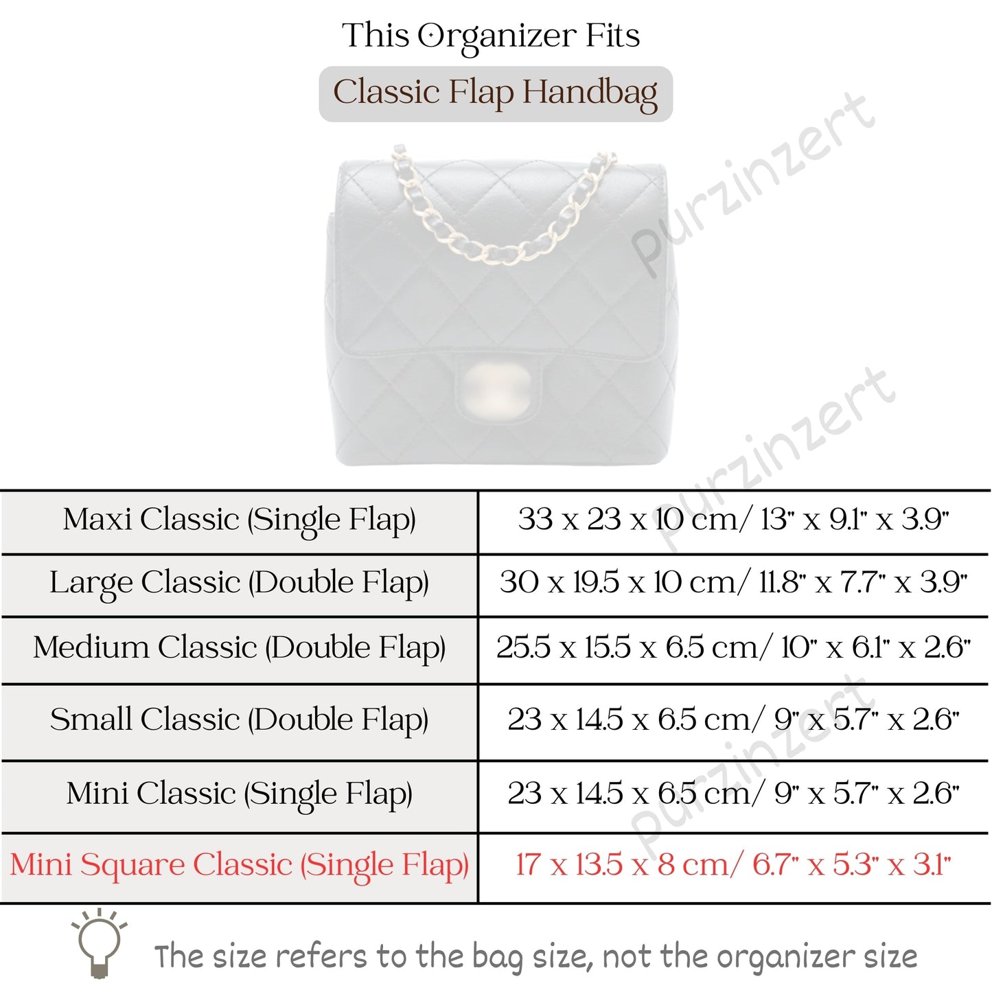 Bag Insert for (Chanel, Mini Square Classic Flap) Organizer of Silk Fabric