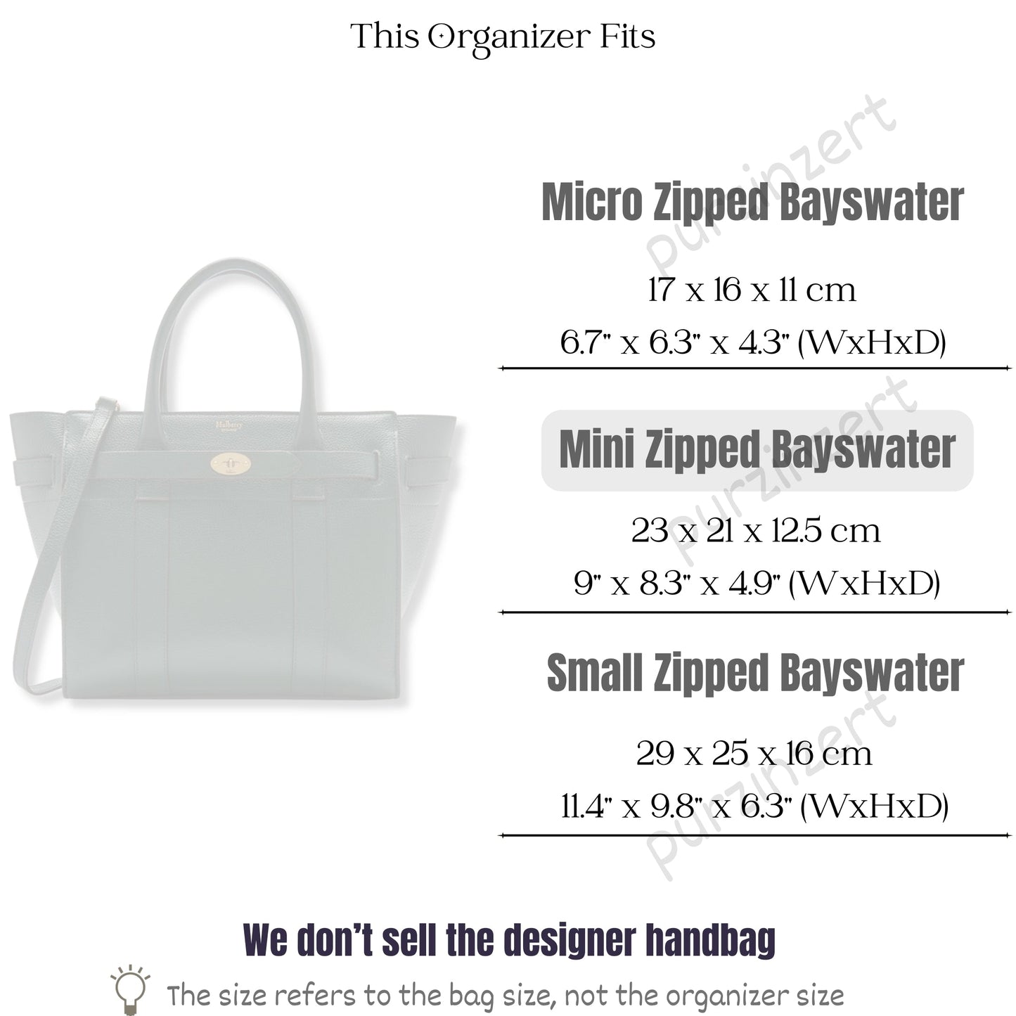 Bag Insert for (Mulberry, Mini Zipped Bayswater) Organizer of Felt Fabric