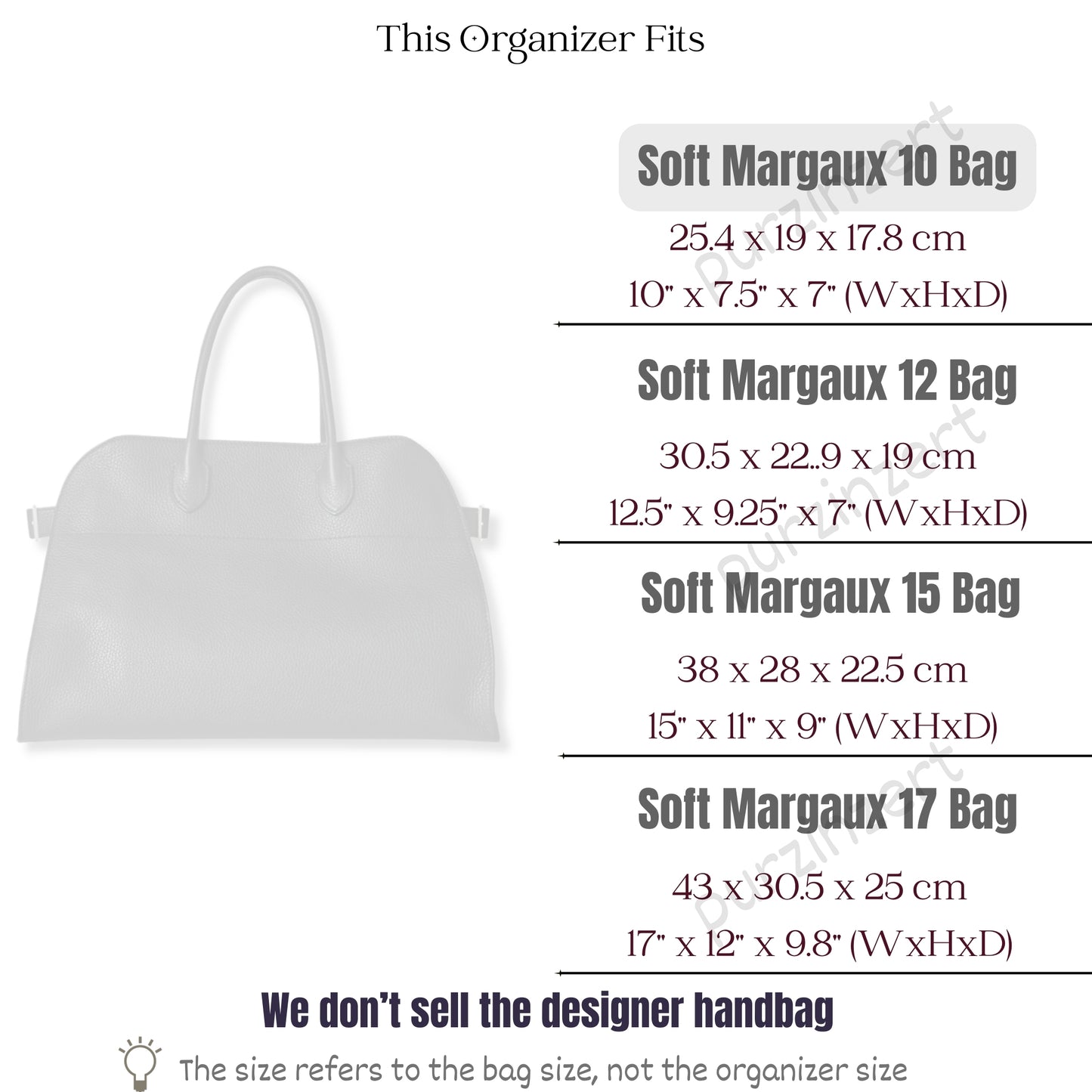 Bag Insert for (The Row, Soft Margaux 10 Bag in Leather) Organizer of Felt Fabric