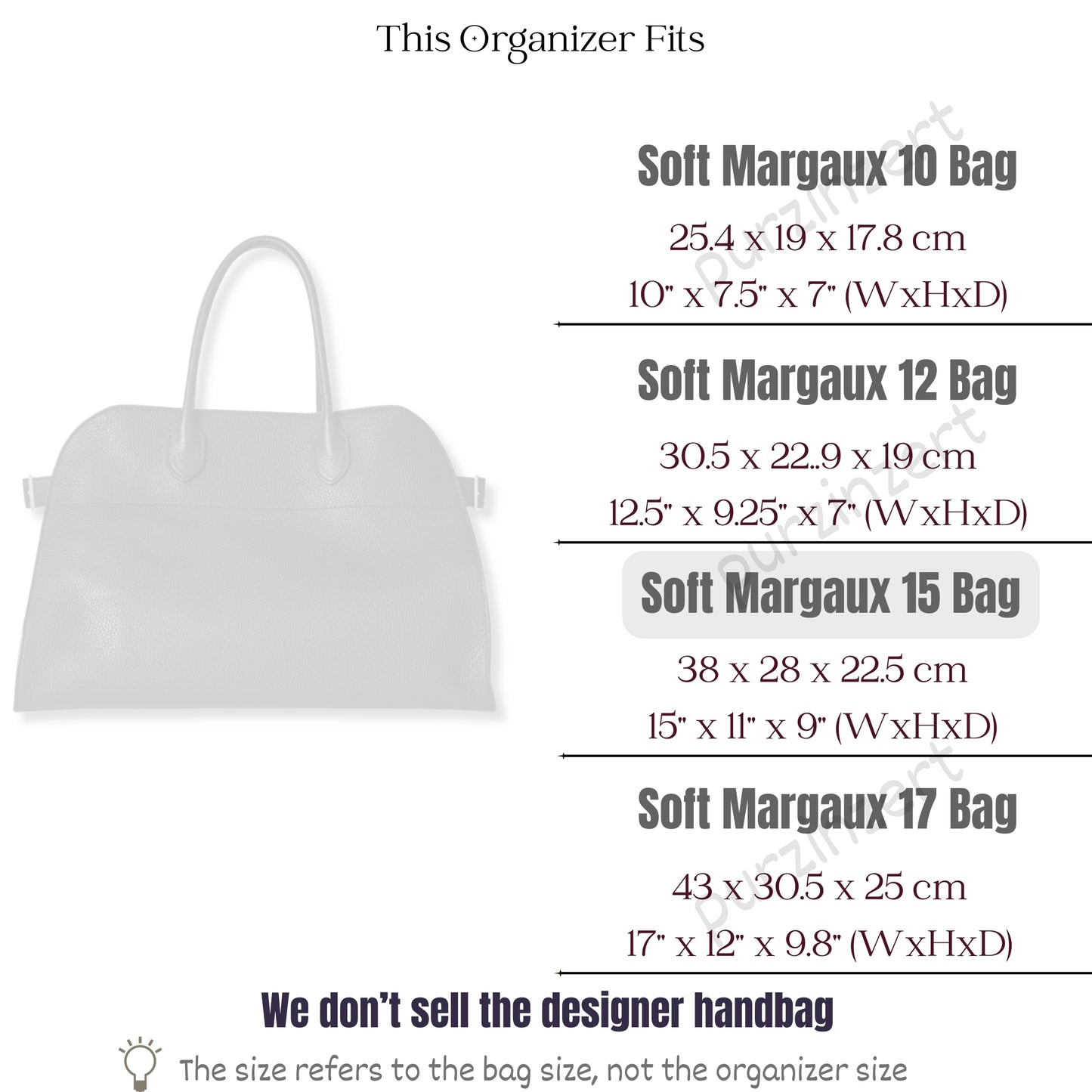 Bag Insert for (The Row, Soft Margaux 15 Bag in Leather) Organizer of Felt Fabric
