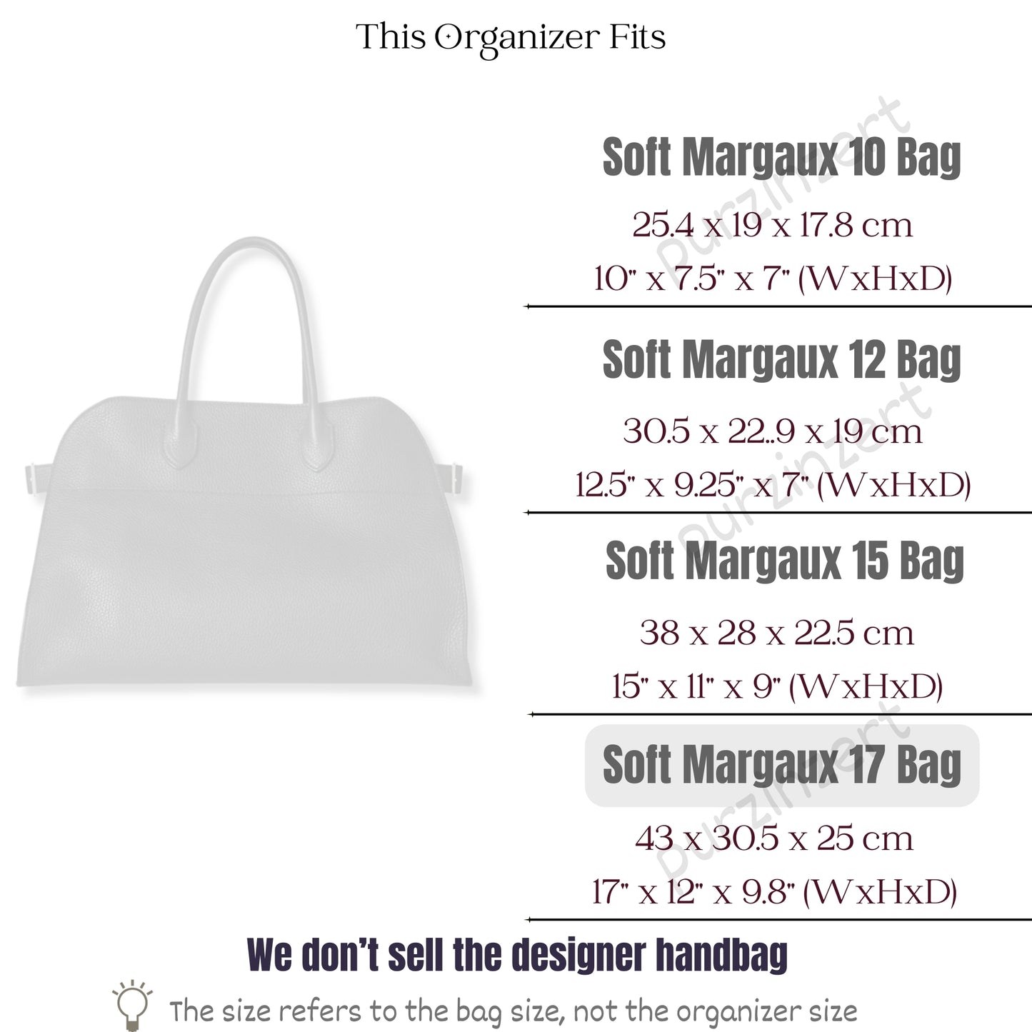 Bag Insert for (The Row, Soft Margaux 17 Bag in Leather) Organizer of Felt Fabric