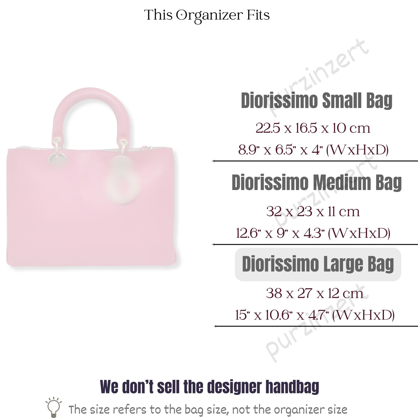 Bag Insert for (Dior, Diorissimo Large Bag) Organizer of Silk Fabric