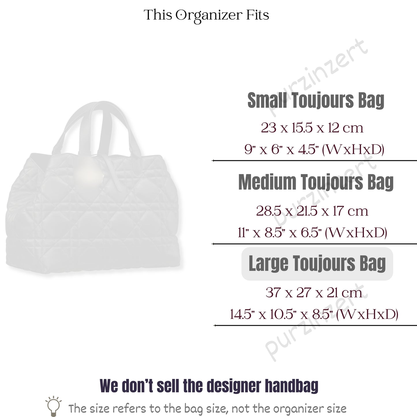 Bag Insert for (Dior, Large Toujours Bag) Organizer of Silk Fabric