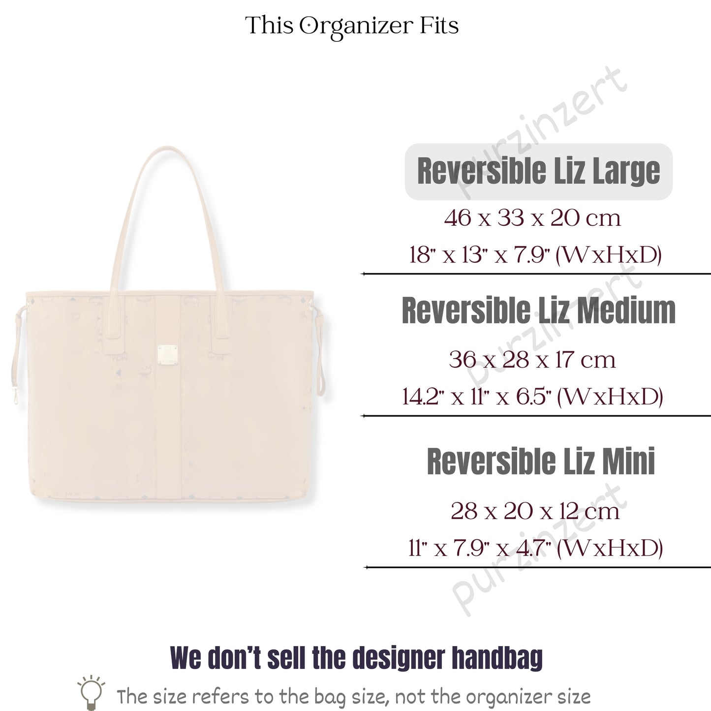 Bag Insert for (MCM, Reversible Liz Large) Organizer of Felt Fabric
