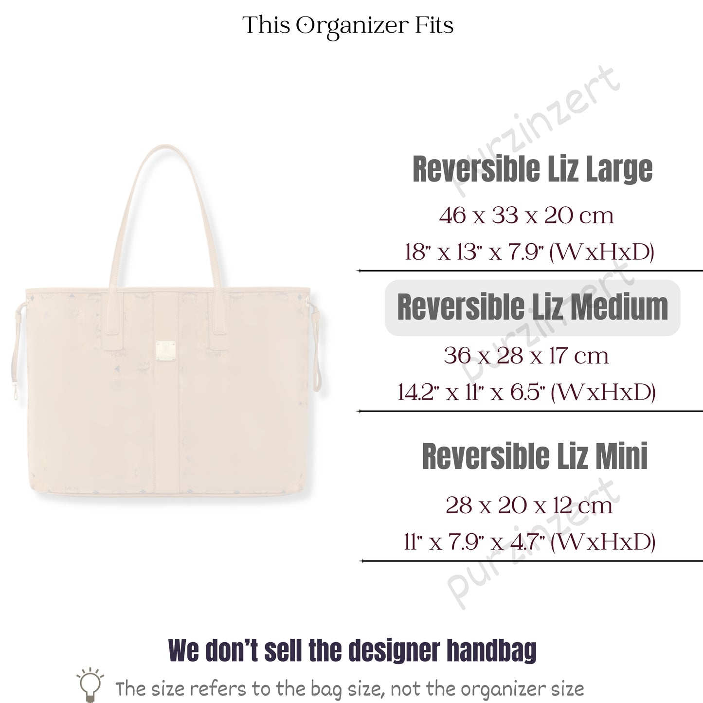 Bag Insert for (MCM, Reversible Liz Medium) Organizer of Felt Fabric