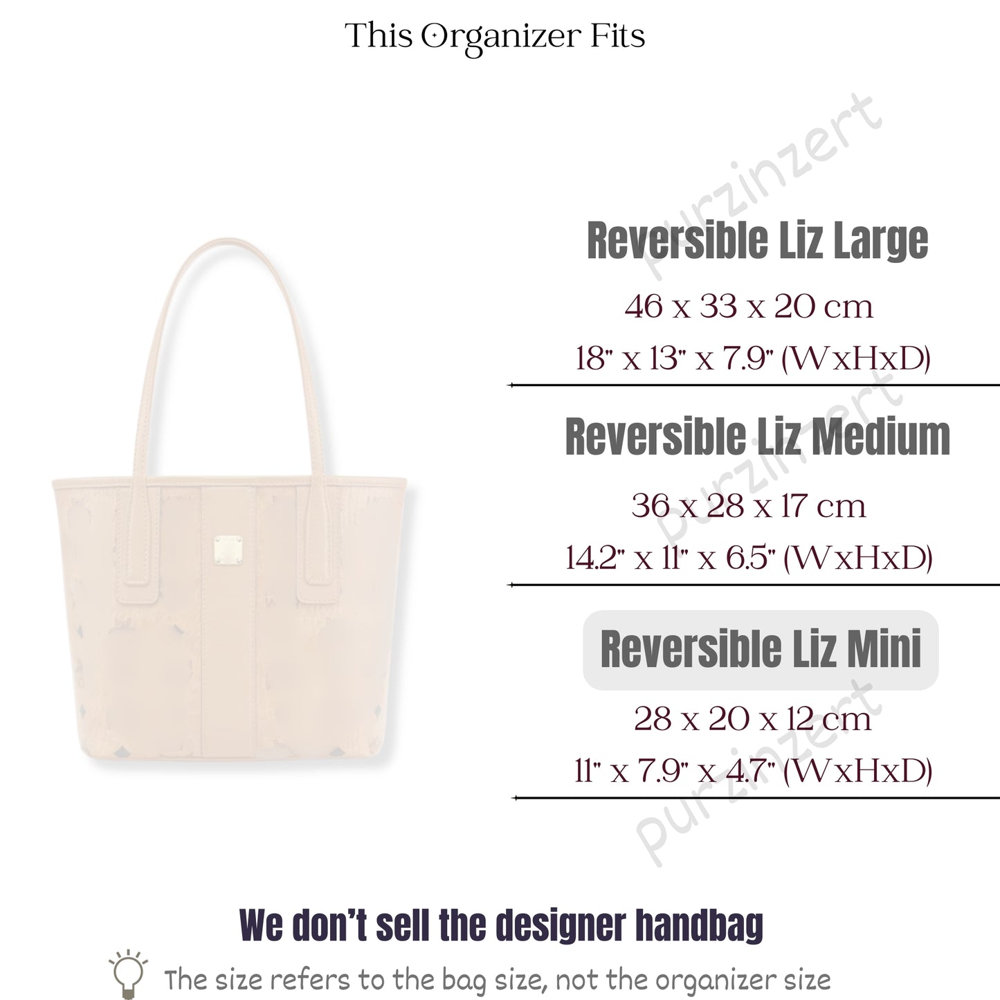Bag Insert for (MCM, Reversible Liz Mini) Organizer of Felt Fabric