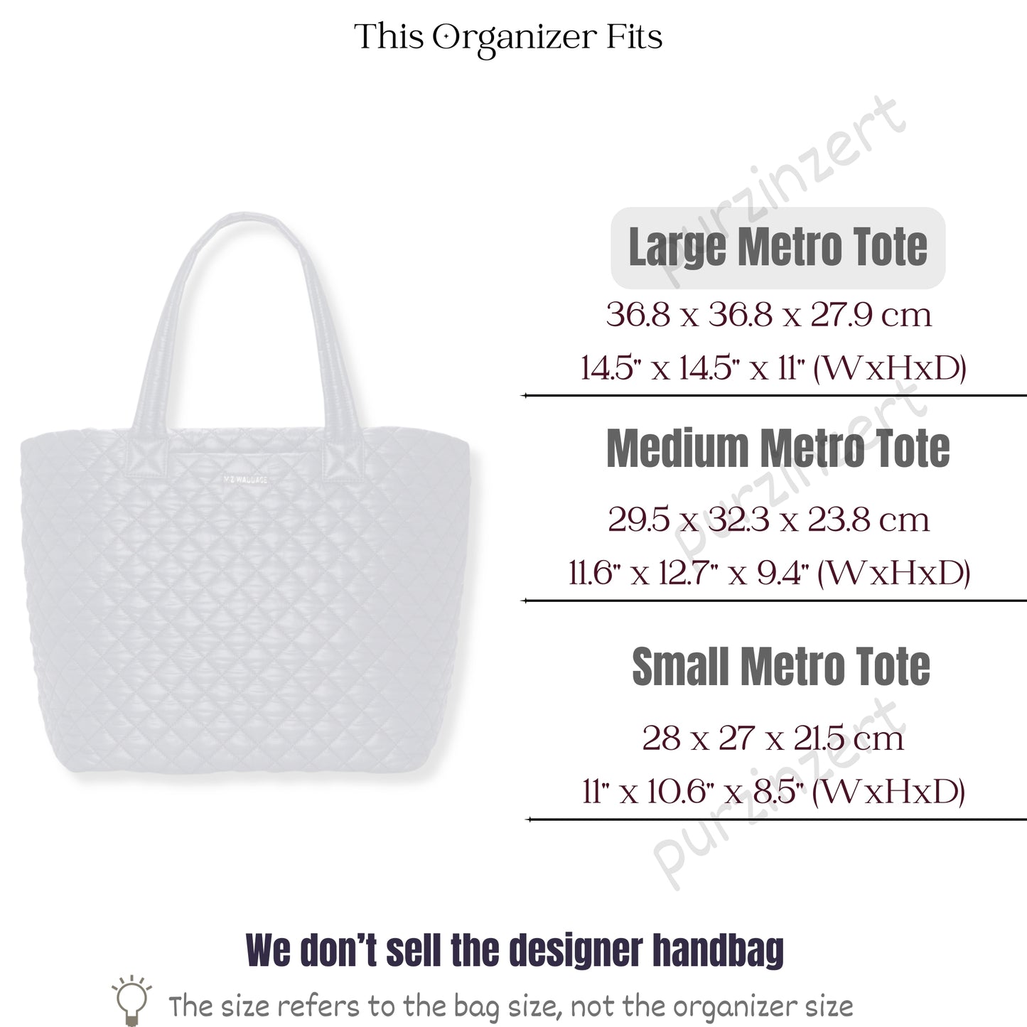 Bag Insert for (MZ Wallace, Large Metro Tote) Organizer of Nylon Fabric