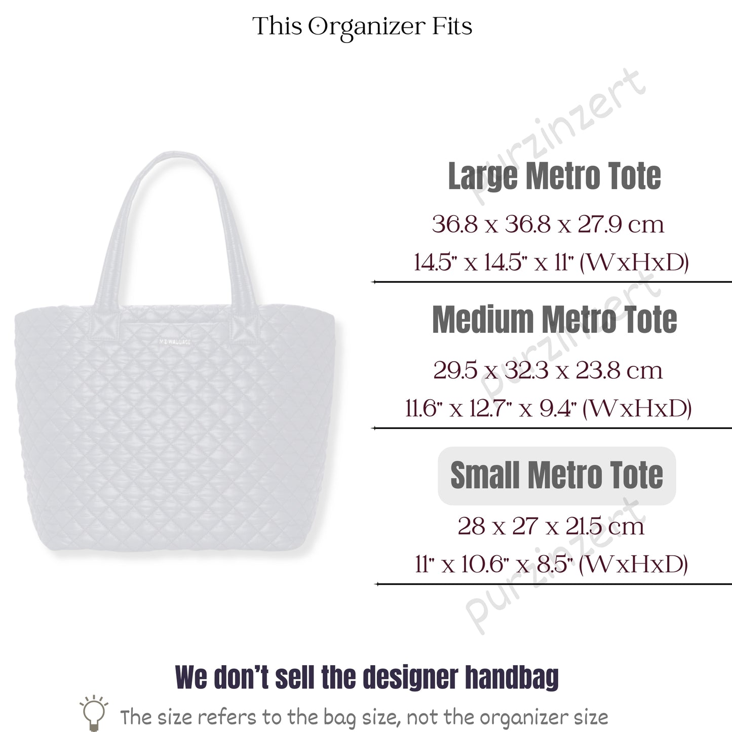 Bag Insert for (MZ Wallace, Small Metro Tote) Organizer of Nylon Fabric