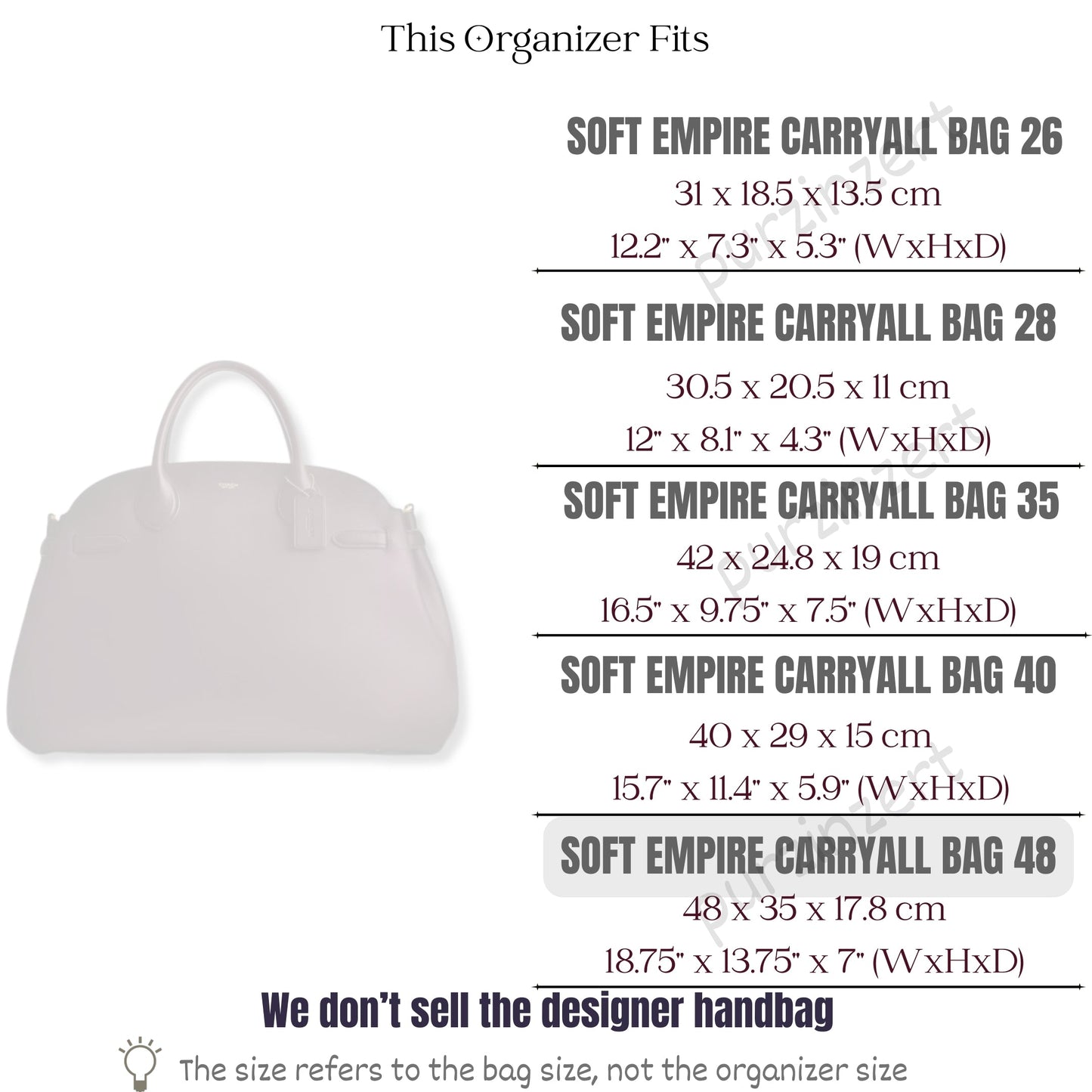 Bag Insert for (Coach, Soft Empire Carryall 48) Organizer of Felt Fabric