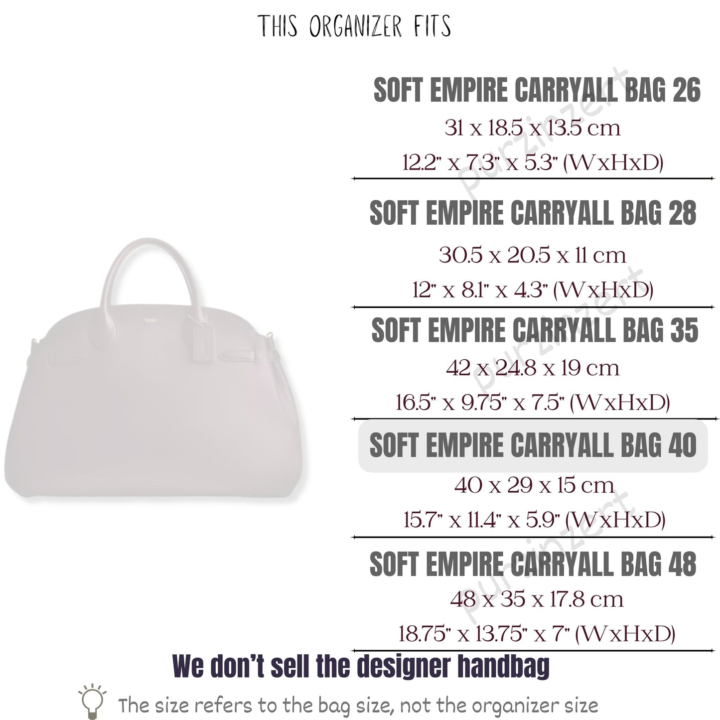 Bag Insert for (Coach, Soft Empire Carryall 40) Organizer of Felt Fabric