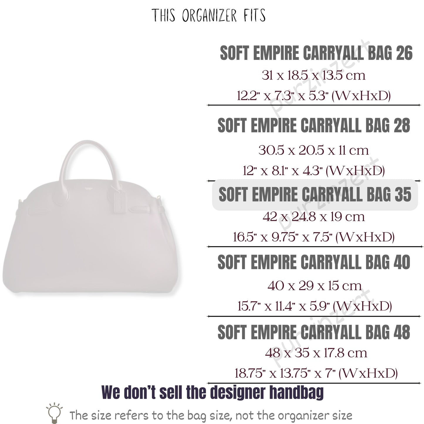 Bag Insert for (Coach, Soft Empire Carryall 35) Organizer of Felt Fabric