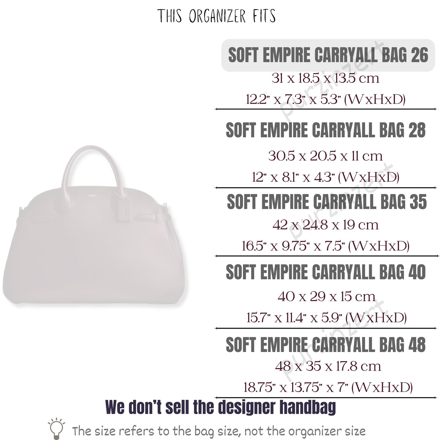 Bag Insert for (Coach, Soft Empire Carryall 26) Organizer of Felt Fabric