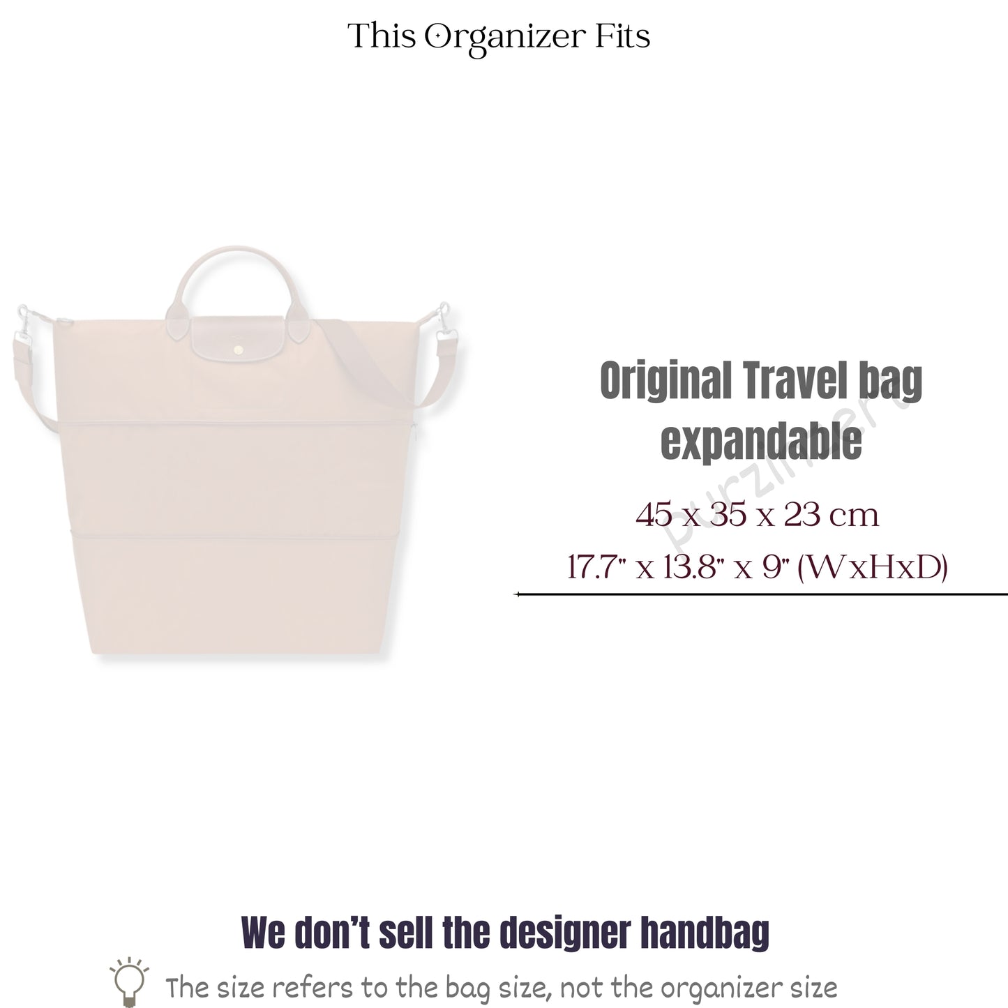 Bag Insert for (Longchamp, Le Pliage Original Expandable Travel Bag) Organizer of Felt Fabric