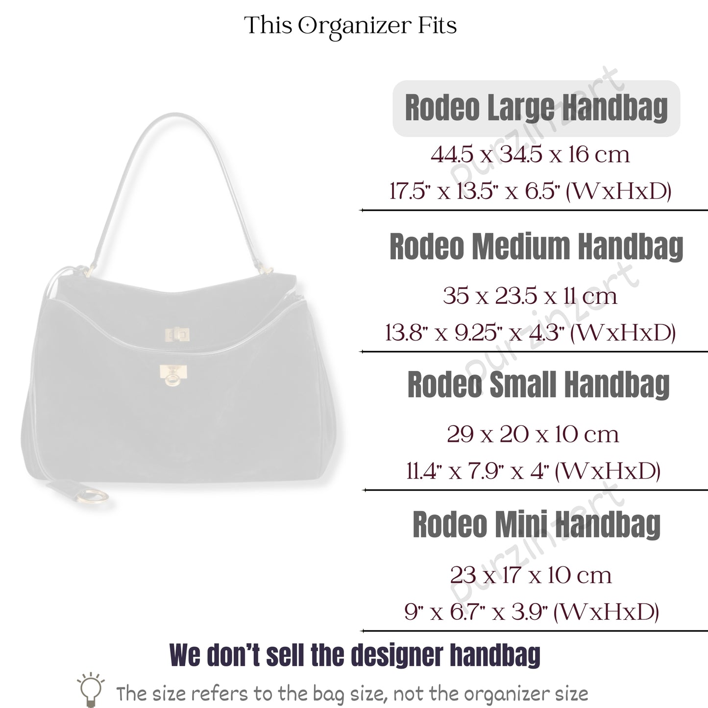 Bag Insert for (Balenciaga, Rodeo Large Handbag) Organizer of Silk Fabric