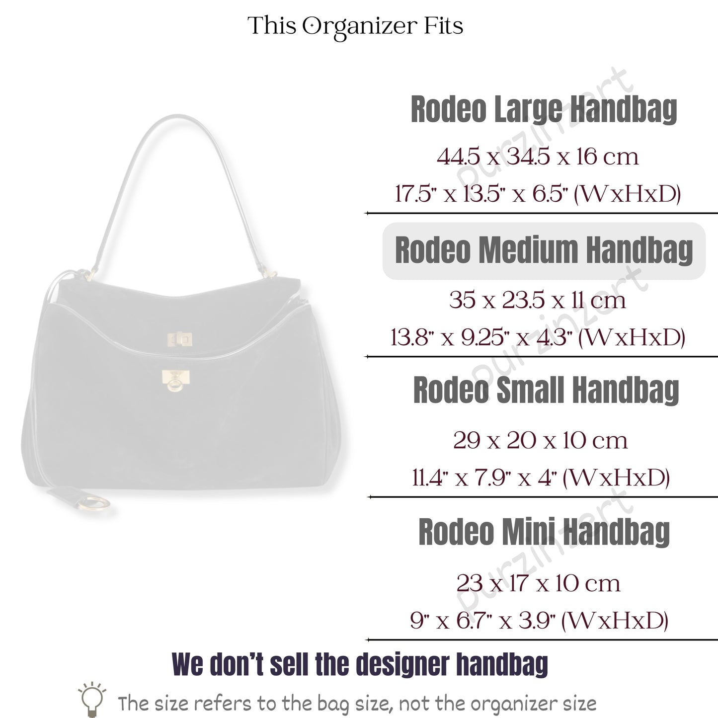 Bag Insert for (Balenciaga, Rodeo Medium Handbag) Organizer of Silk Fabric