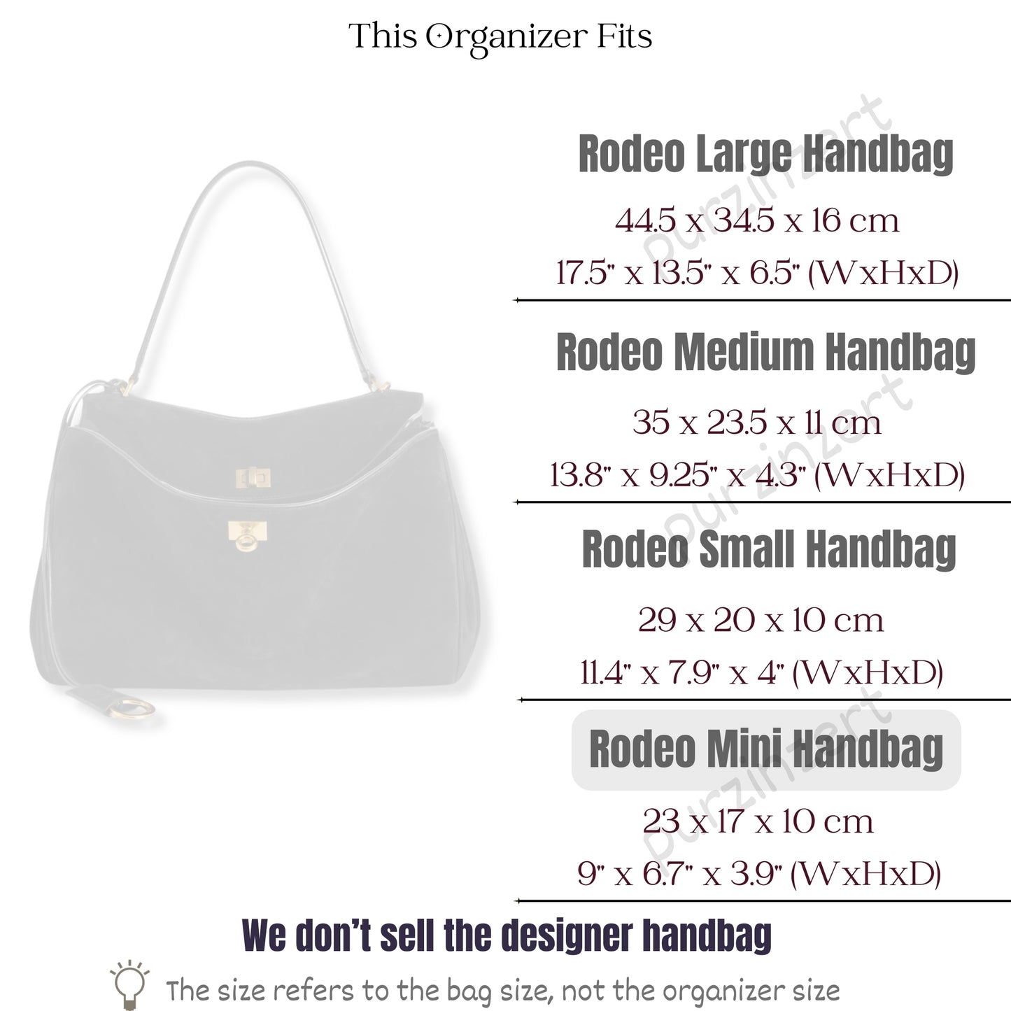 Bag Insert for (Balenciaga, Rodeo Mini Handbag) Organizer of Silk Fabric