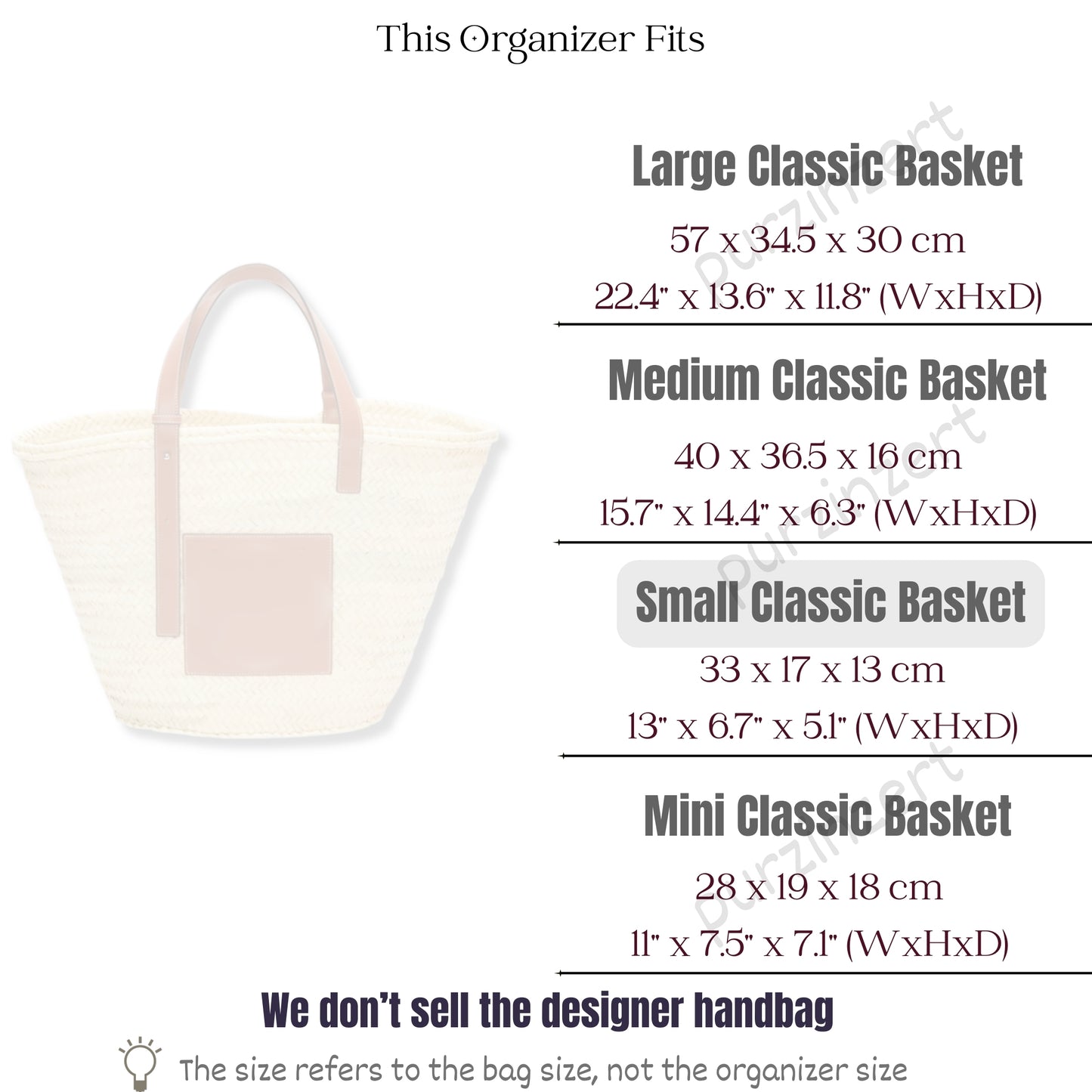 Bag Insert for (Loewe, Small Basket bag in palm leaf and calfskin) Organizer of Nylon Fabric