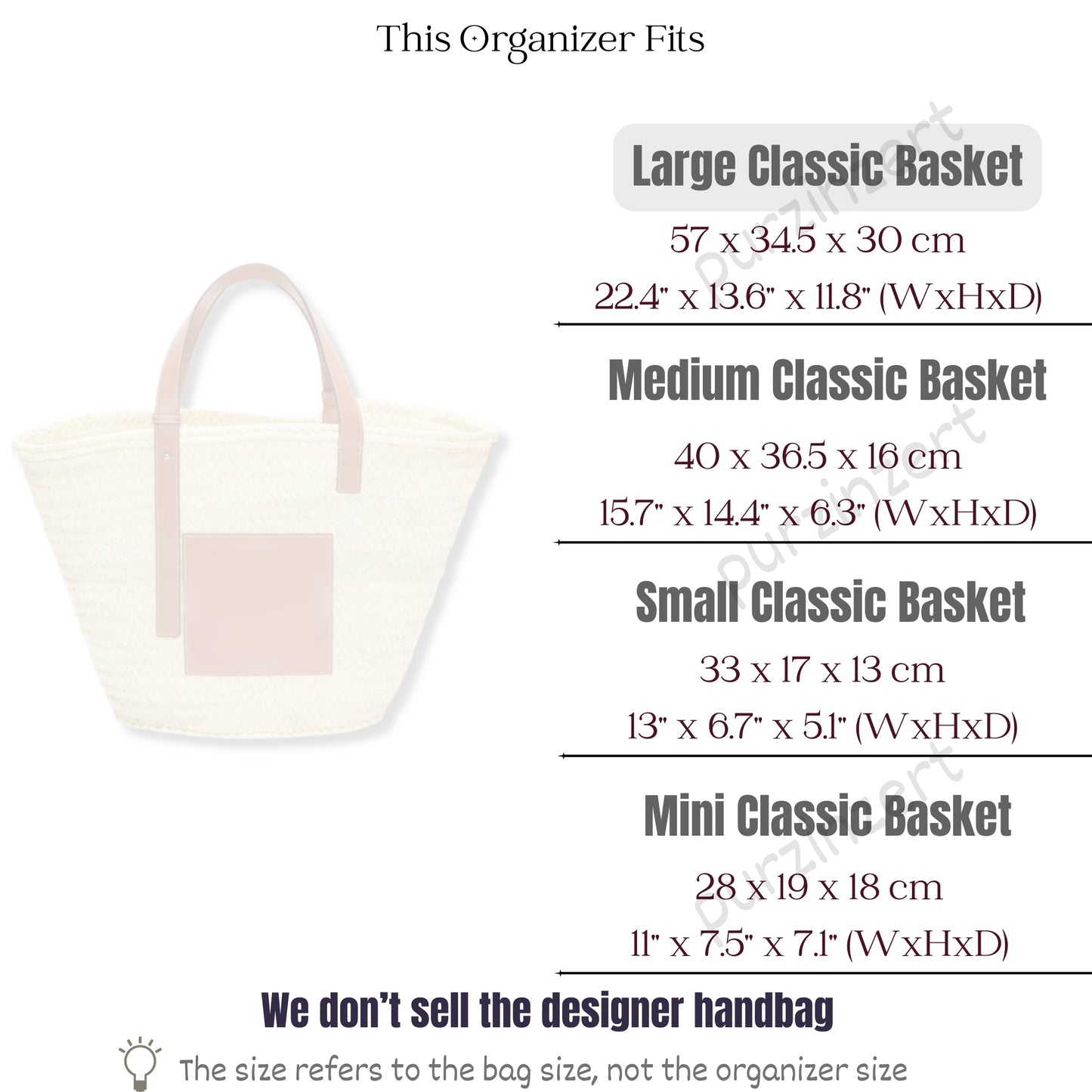 Bag Insert for (Loewe, Large Basket bag in palm leaf and calfskin) Organizer of Nylon Fabric