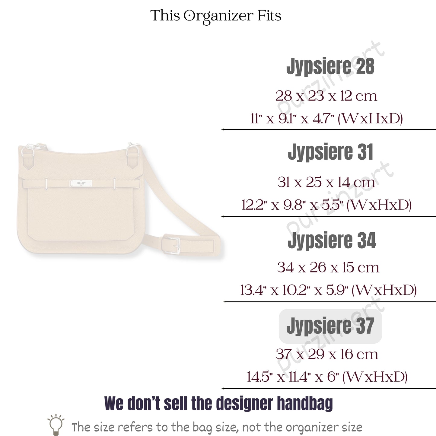Bag Insert for (Hermes, Jypsiere 37) Organizer of Silk Fabric