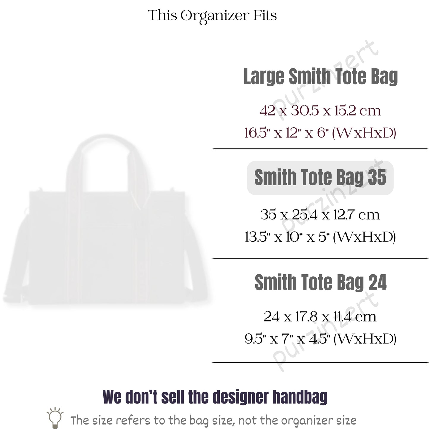 Bag Insert for (Coach, Smith Tote Bag 35) Organizer of Silk Fabric