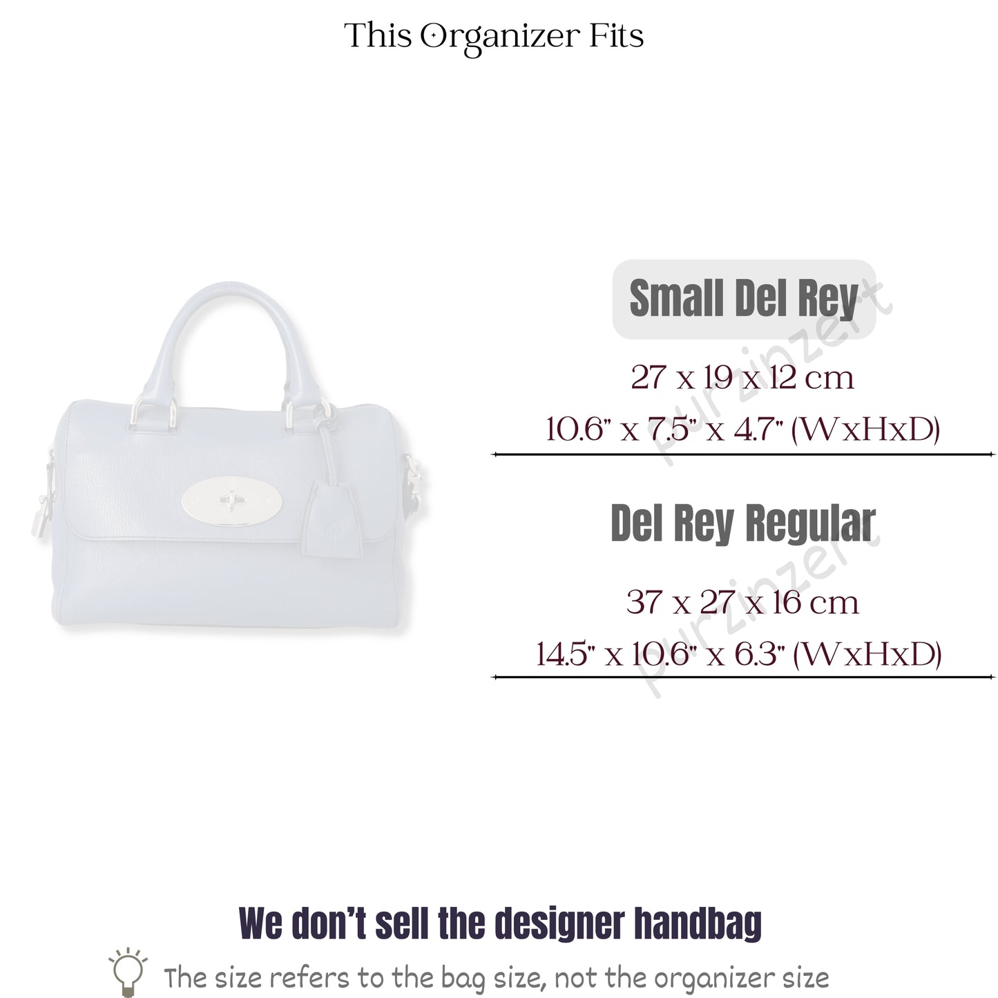 Bag Insert for (Mulberry, Del Rey Small) Organizer of Silk Fabric