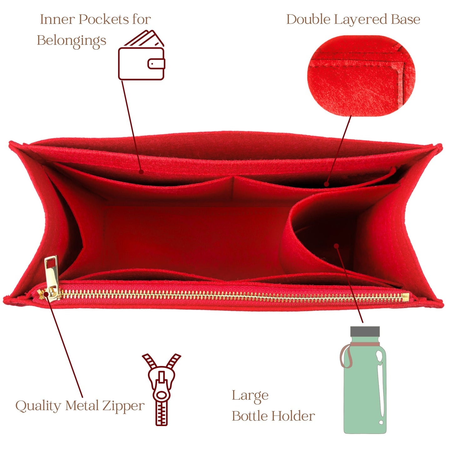 Bag Insert for (Bally, Easy Bally Tote) Organizer of Felt Fabric
