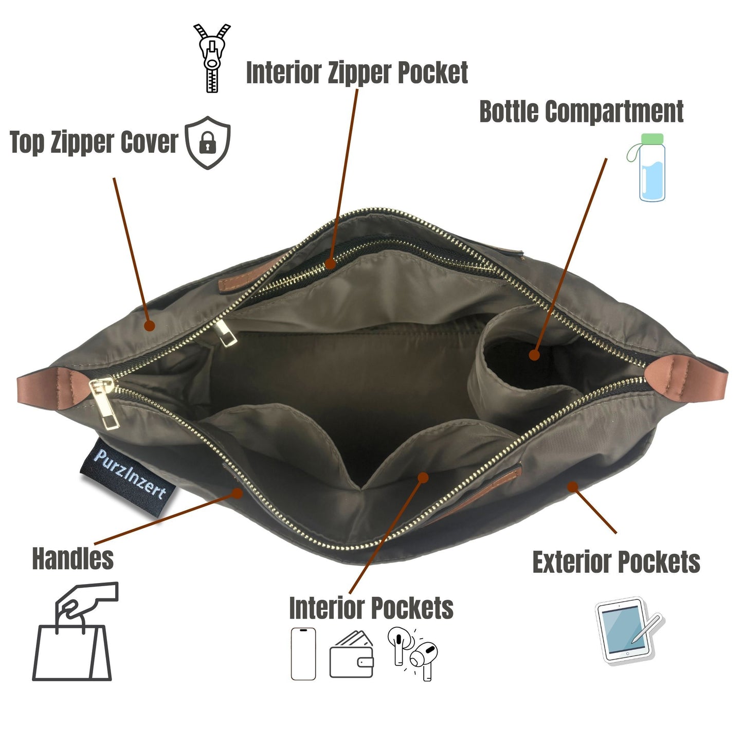 Bag Insert for (Portland Leather Goods, Classic Tote Oversized) Organizer of Nylon Fabric