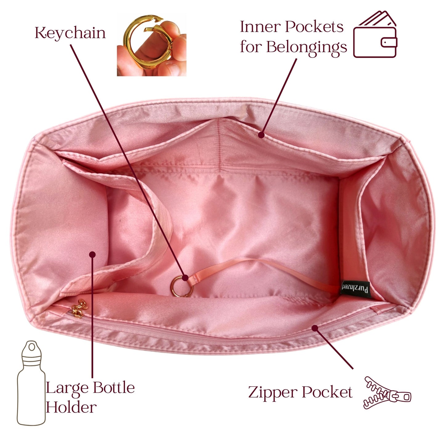 Bag Insert for (Bally, Easy Bally Tote) Organizer of Silk Fabric